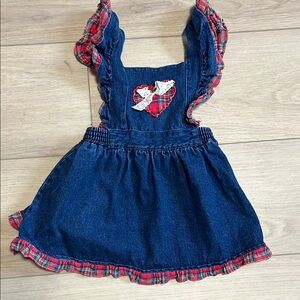 Vintage Young Hearte Denim Jean Pinfold Dress with Plaid Heart Valentines Day 6x
